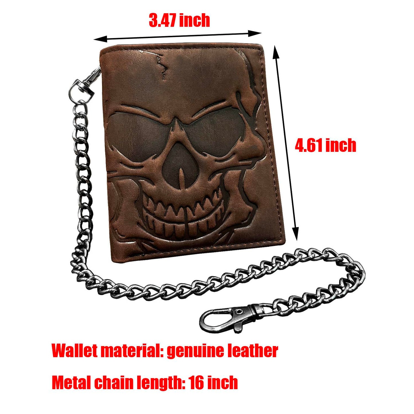 crazy hunter Skull Wallet for Men Bifold Card Holder Wallet Pocket Purse Cowhide Leather Wallet with Chain