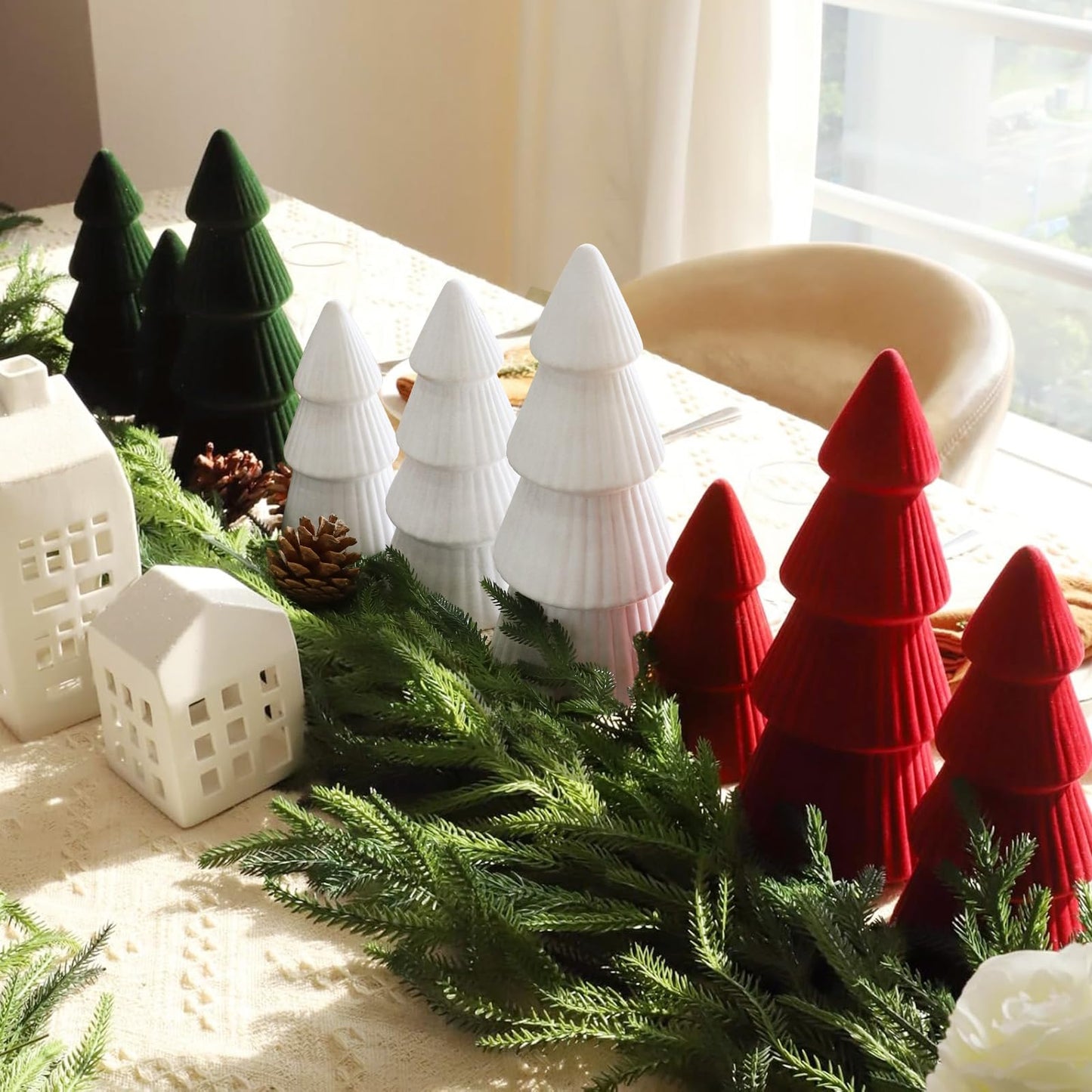 Christmas Decorations - Set of 3 Velvet Ceramic Christmas Trees - Modern Cone Indoor Christmas Decoration Centerpieces for Table Mantel and Living Room Home Decor (Green)