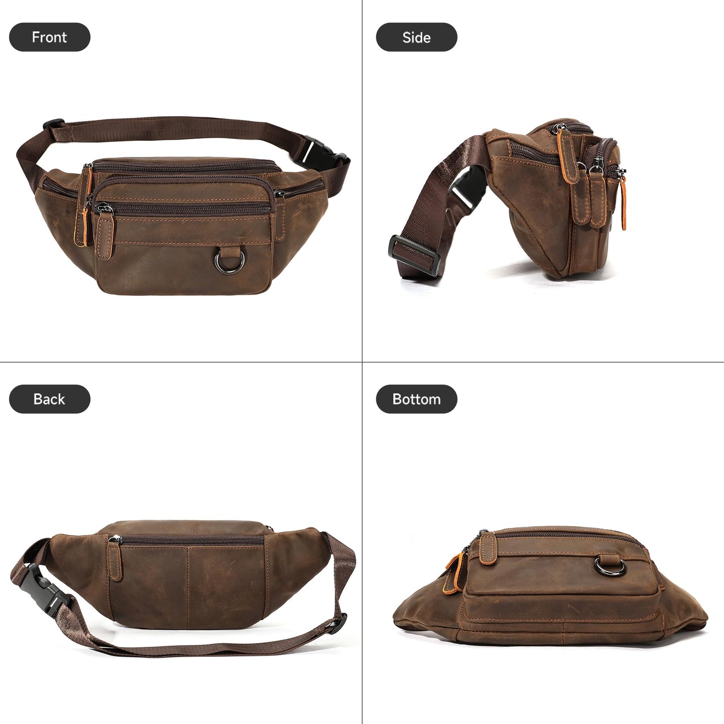 Genuine Leather Fanny Pack HandMade Durable cowhide Waist Bag Lots of Anti-theft zipper pocket Brown