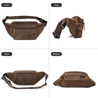 Genuine Leather Fanny Pack HandMade Durable cowhide Waist Bag Lots of Anti-theft zipper pocket Brown