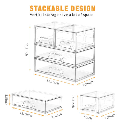 Stebopum 4 Pack Stackable Storage Drawers Clear Acrylic Organizer Bathroom Makeup Organizer and Storage for Beauty Supplies,Ideal for Vanity, Bathroom,Cabinet,Pantry Organization