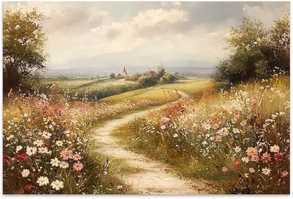 Yesad Wildflower Canvas Wall Art, Meadow with Flowers Painting Vintage Décor Nature Prints Rustic Pictures, Scenery Wall Decor for Living Room Bedroom Farmhouse (Unframed,12”x8”,Wildflower2)