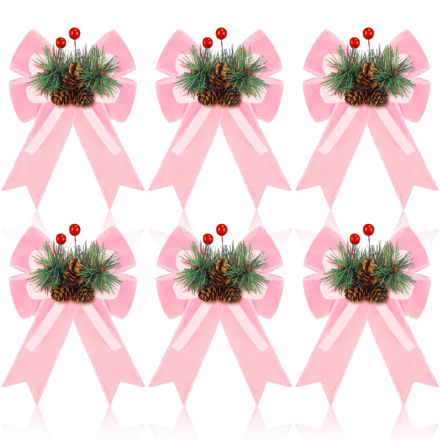 Syhood 6 Pcs Christmas Velvet Bow with Pine Cones Pine Needles Berries Xmas Pink Ribbon Bow Ornaments 6.3 x 5.1 Inch for Christmas Tree Wreath Garden Fireplace Crafts DIY Decor