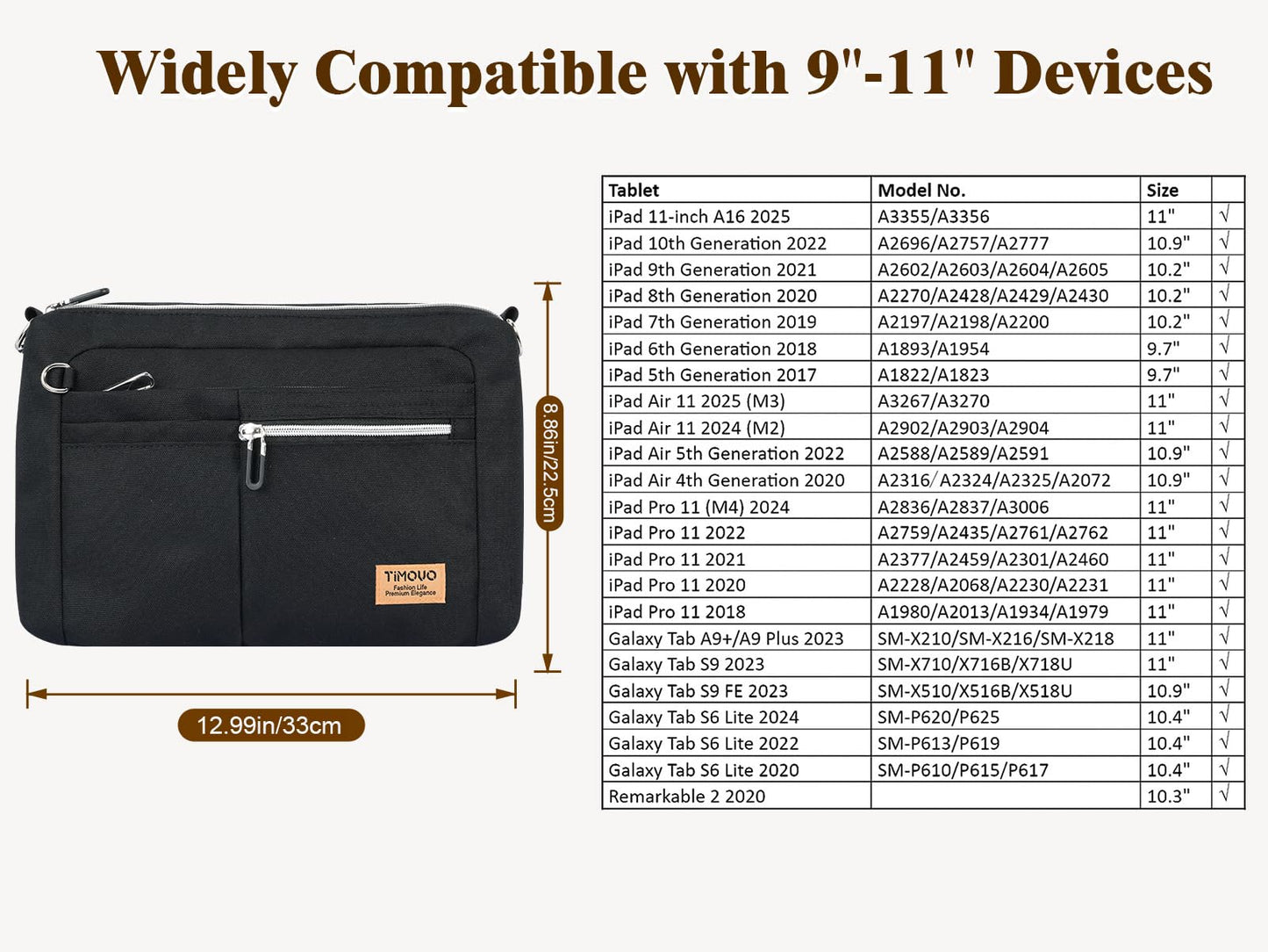 TiMOVO 9-11 Inch Tablet Sleeve Bag for iPad 11-inch A16 2025, iPad 10th Generation 10.9"/10.2", i Pad Air 11/5th/4th Gen. 10.9", Galaxy Tab A9 Plus 11", Anti-Theft Deisgn & Shoulder Strap, Black