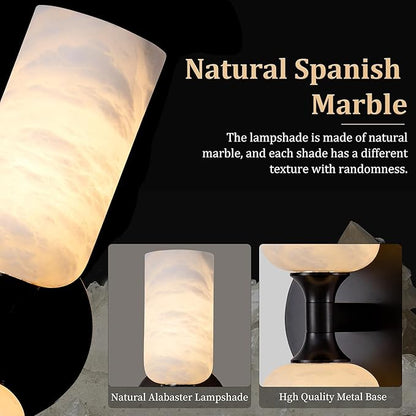 Alabaster Wall Sconce, 14in Modern Spanish Natural Marble Bathroom Vanity Sconces, Unique Indoor Black Wall Lighting Fixtures Decor for Bedroom Living Room Staircases