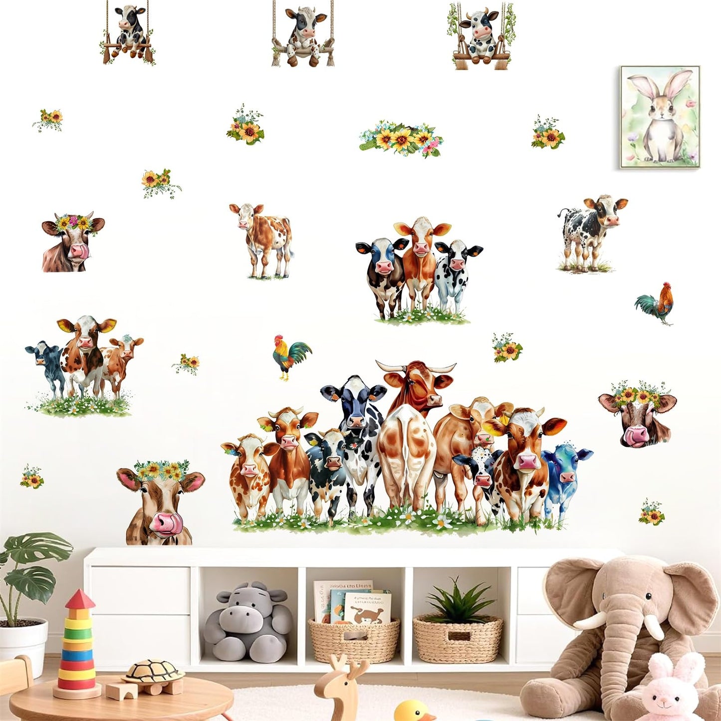 Funny Cow Wall Stickers Cute Cow Window Stickers Farm Animal Wall Decals Peel and Stick Sunflower Cattle Cow Print Window Decals Clings Farmhouse Wall Stickers for Kitchen Bedroom Decor