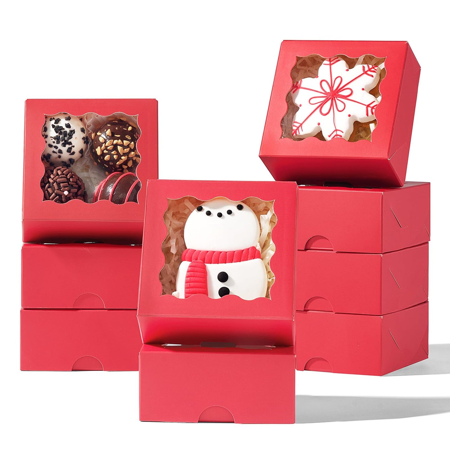 RomanticBaking 3 ¼" x 3 ¼" x 1 ½" 50PCS Chocolate Truffle Boxes for 4，Cookies Boxes Soap Boxes Donut Boxes Macaron Boxes Mini Bakery Boxes with Window Brownie Box