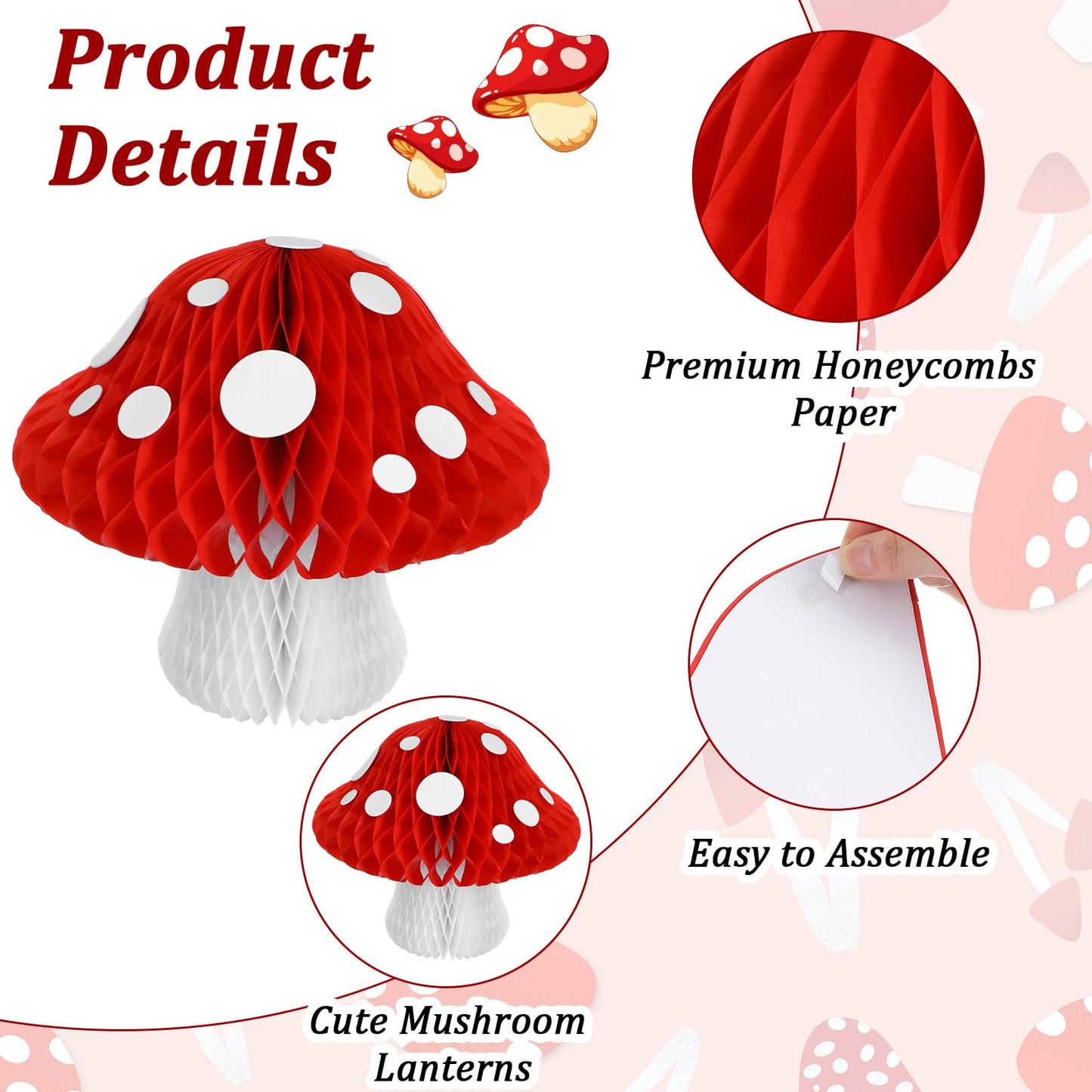 10 Pack Mushroom Shaped Honeycomb Paper Lanterns, 3D Honeycomb Paper Lanterns 2 Sizes Mushroom Party Decorations for Birthday Party Garden Room Decor (Red)
