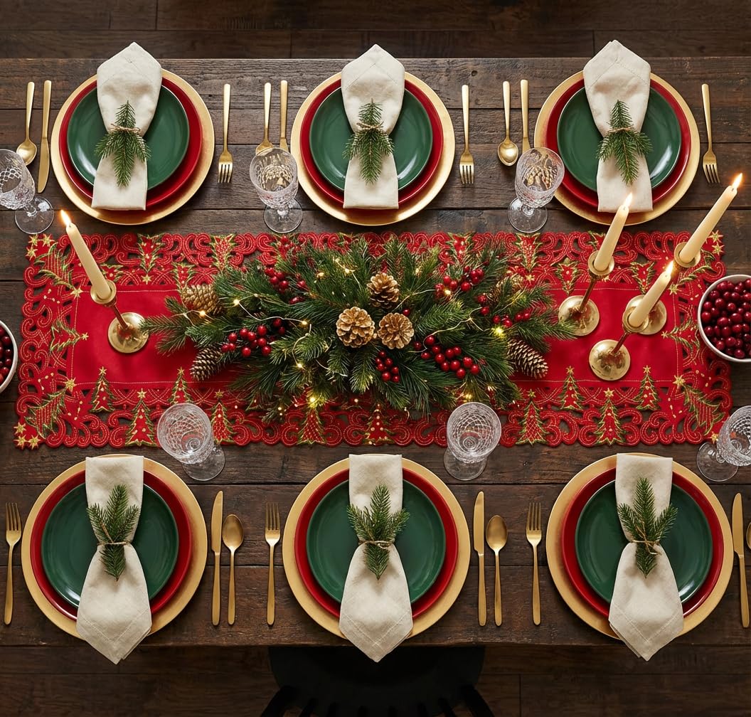 SHANGRLA Red Christmas Tree Table Runner 72 Inches Long – Embroidered Lace Tablerunner with Xmas Tree Design, Elegant Festive Dining Room Table Decor, Holiday Table Linen Centerpiece