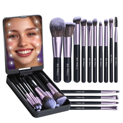 BS-MALL Travel Makeup Brush Set Foundation Powder Concealers Eye Shadows Makeup Set with LED light Mirror 14 Pcs (Green)
