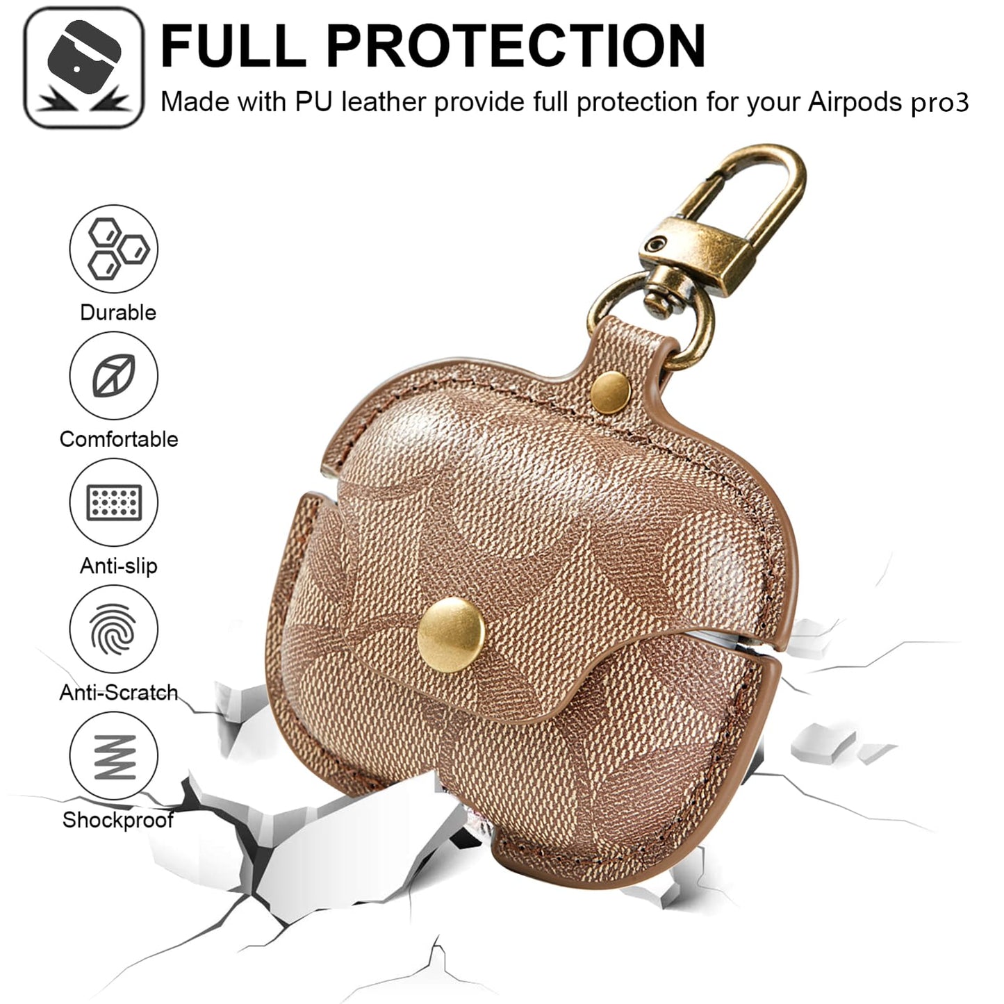 for AirPods Pro 3 Case 2025, Leather Full Body Shockproof Protective Cover for AirPods Pro 3nd Generation for Women Men with Keychain, Brown
