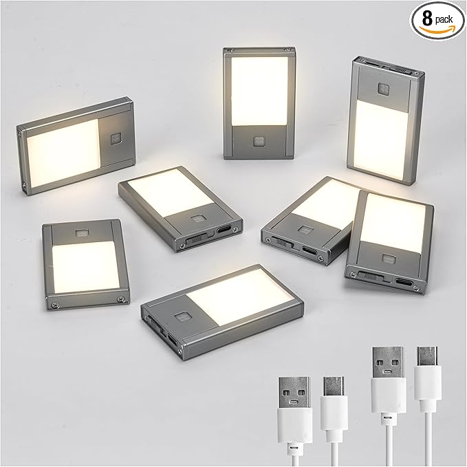 Rechargeable Motion Sensor Night Lights, 8-Pack - Painted Grey Aluminum Alloy, Ultra-Compact Magnetic Mount, 3000K Warm White Glow, Ideal for Hallways, Bedrooms, Stairs & Nightly Use