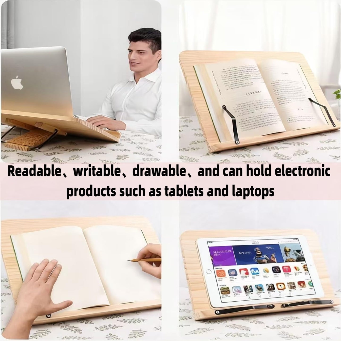 Reading Rack Wooden Bookshelf - Book Stand Foldable with 8 Adjustable Positions and Page Clips,Suitable for cookbooks、iPads、laptops、Sheet Music、and Reading Stands (15x11.4inch)