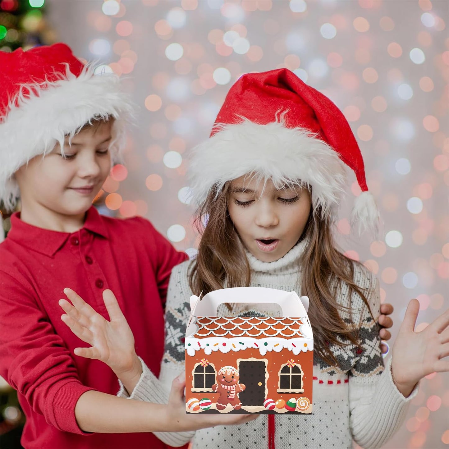 Patimate 24pcs Christmas Cookie Boxes for Gift Giving, 4 Style 3D Xmas House Cardboard Treat Boxes with Handles for Christmas Goodie Candy Holiday Party Favor Supplies