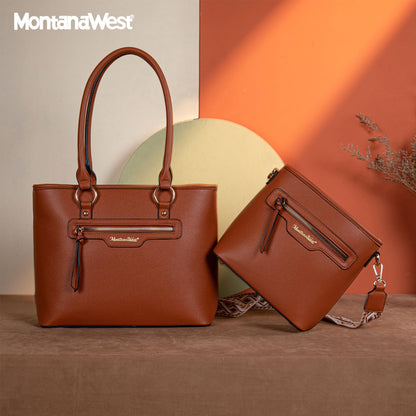 Montana West tote purse for women medium crossbody purse set 2pcs brown cute trendy woman handbag and purse ladies designer handbag with guitar strap MWC-HB-SET-330-BR