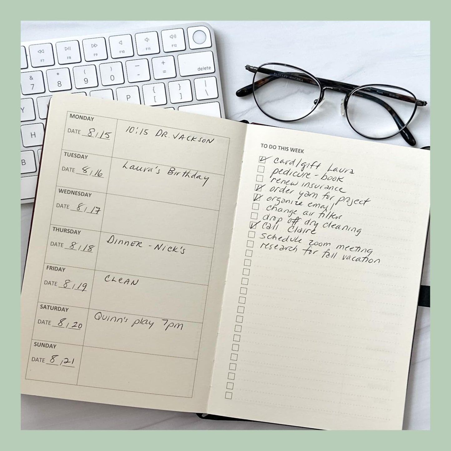RICCO BELLO Undated Weekly Planner To Do Notebook | Faux Leather Hardcover, for Work, School, Home with Pen Holder, Bookmark, Band Closure, Storage Pocket, 5.7 x 8.4 Inches (Brown)