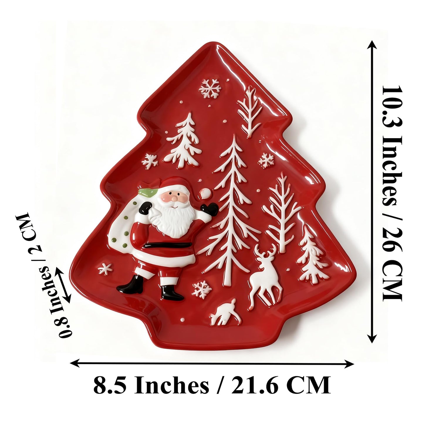 Loticy 10.3 Inches Christmas Tree Plates Chip & Dip Set, Red Xmas Ceramic Snack Plate, Santa Claus High Relief Porcelain Appetizer Dessert Fruit Salad Saucers Bowls, Cutlery Platter Serving Dishes