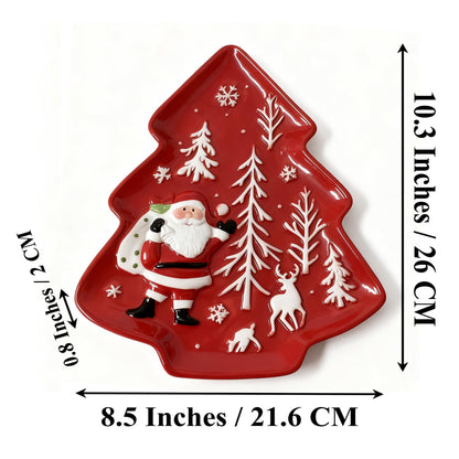 Loticy 10.3 Inches Christmas Tree Plates Chip & Dip Set, Red Xmas Ceramic Snack Plate, Santa Claus High Relief Porcelain Appetizer Dessert Fruit Salad Saucers Bowls, Cutlery Platter Serving Dishes
