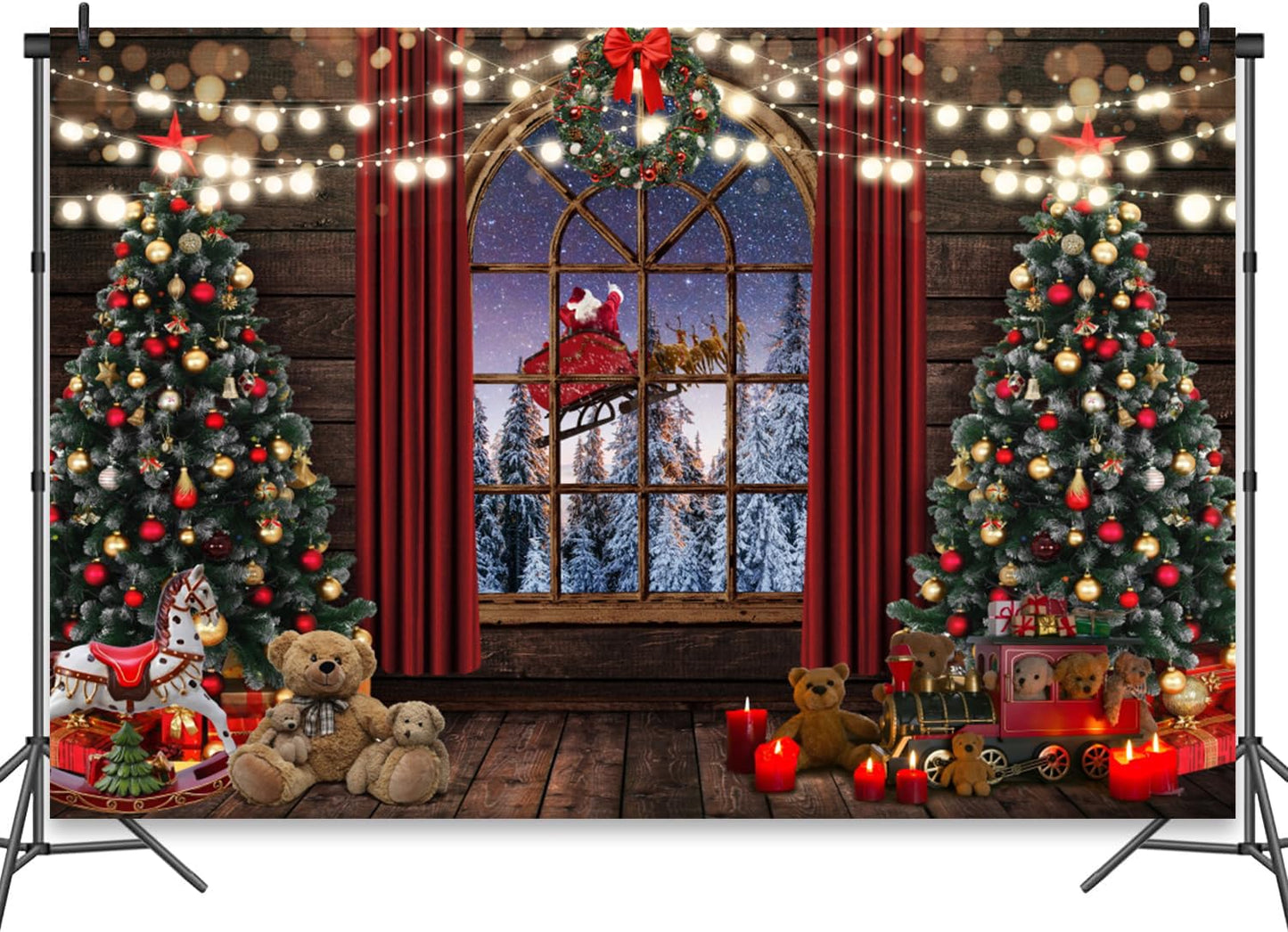 Merry Christmas Backdrop Window Santa Claus Xmas Tree Gifts Red Curtains Snow Winter Holiday Background for Xmas Holiday Party Decorations Banner Photo Booth Props 10x8ft