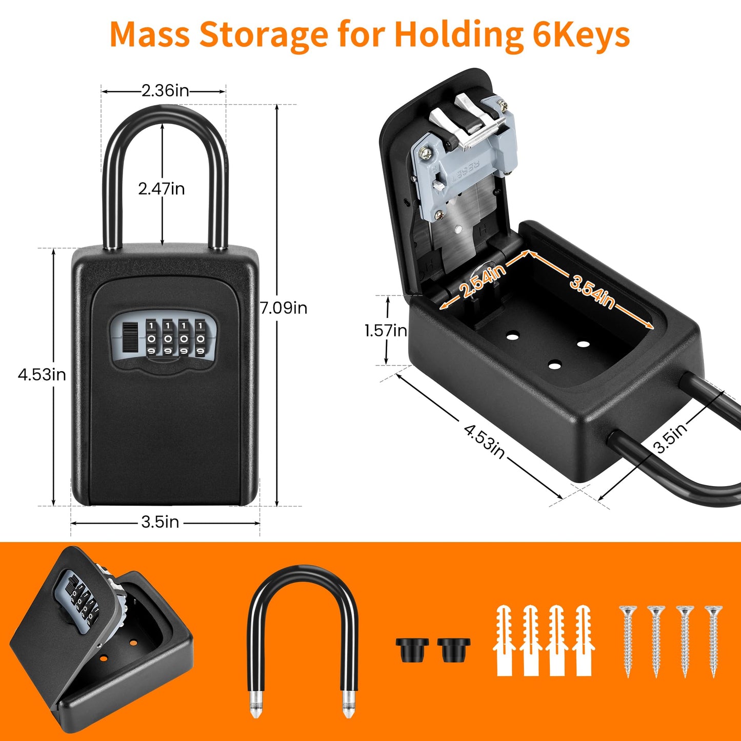 Wall Mounted, Portable Lock Box for House, 5 Key Capacity, Weatherproof Resettable Code House Key Safe Security Lock Box for Outside Realtors Garage Spare (2 Pack, Black)