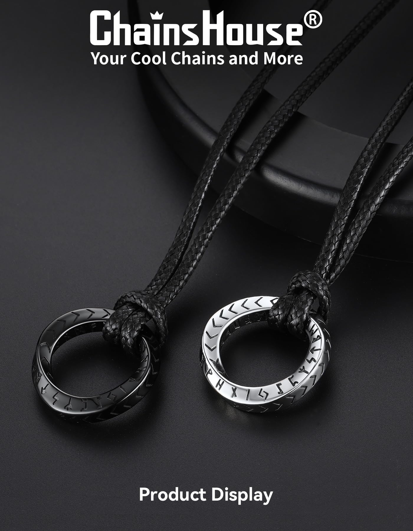 ChainsHouse Viking Runes Mobius Ring Necklace for Men, Stainless Steel Norse Rune Pendant with Adjustable Black Leather Wax Rope Chain 16-32 Inch Nordic Amulet Jewelry