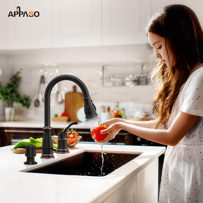 APPASO 3 Hole Kitchen Faucet with Pull Down Sprayer, Kitchen Faucets with Soap Dispenser, 3 Pieces Kitchen Sink Faucet with Separate Handle, Matte Black Kitchen Faucet 3 Hole, 218MB