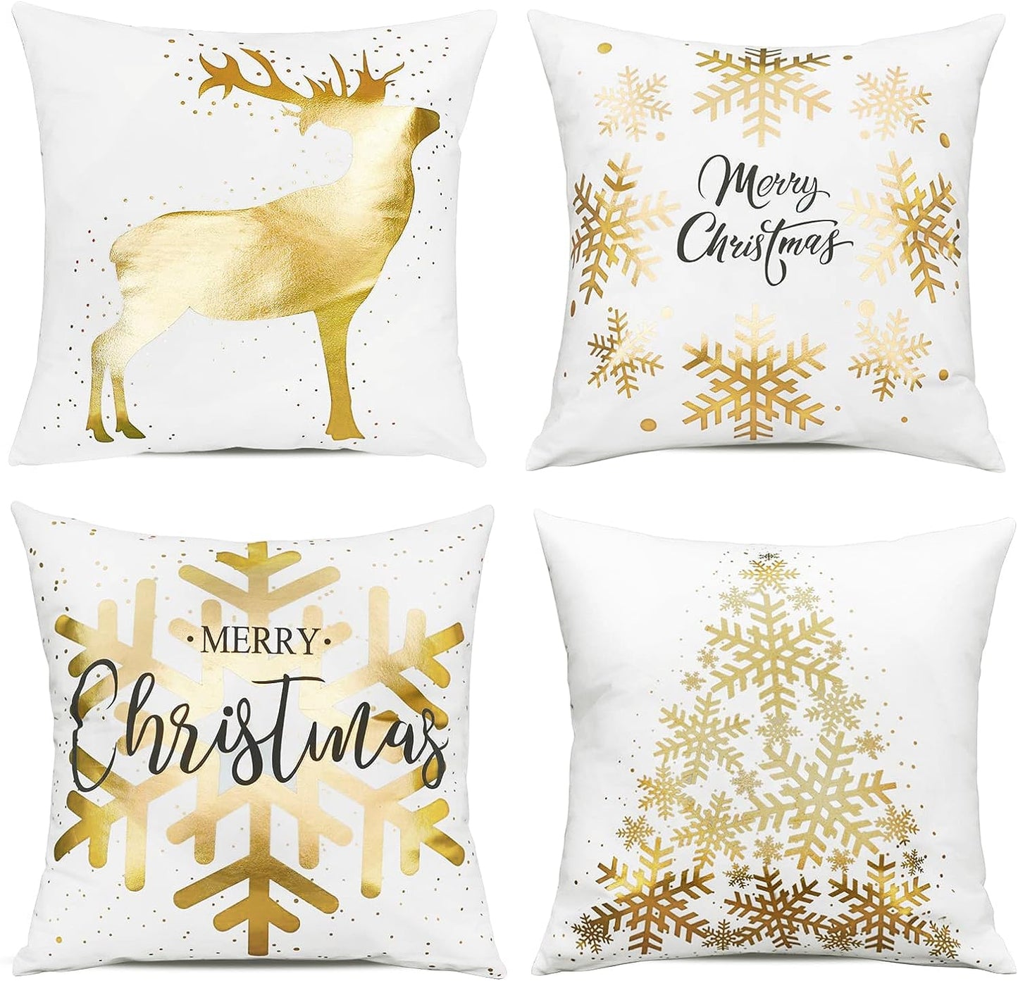 ONWAY Christmas Decorations Gold White Throw Pillow Covers 18x18 Set of 4 Snowflakes Reindeer Decorative Cushion Cases Xmas Golden Decor for Couch Sofa Bedroom