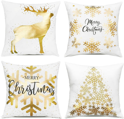 ONWAY Christmas Gold White Throw Pillow Covers 20x20 Inch Set of 4 Snowflakes Decorations Cushion Cases Xmas Decor for Couch Sofa Car Bedroom