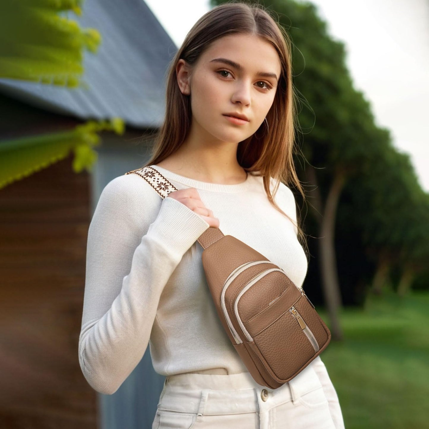 FALAN MULE Small Crossbody Sling Bags Fanny Packs Leather Purses Chest Bag for Women (Khaki)