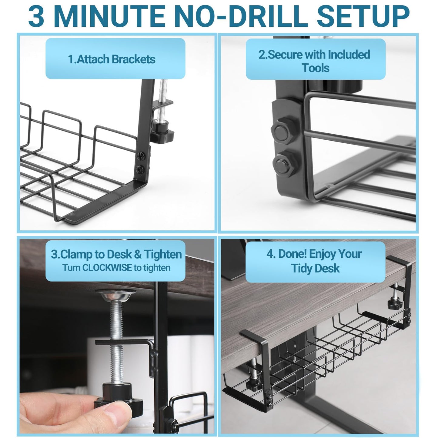 Under Desk Cable Management Tray, 15.7'' Metal Wire Organizer with Clamp, No Drill Desk Cord Rack for Cable Management, Computer Wire Organizer for Office and Home – Sturdy & Scratch-Free