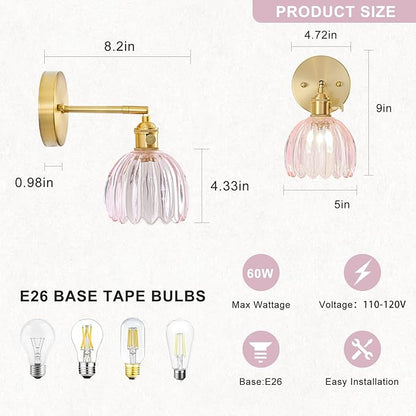 Wall Sconces Set of Two Hardwired, Vintage Sconce Light with Tulip Pink Glass Lampshade, Bathroom Wall Lights with Switch, Gold Wall Light Sconces Wall Decor Set of 2