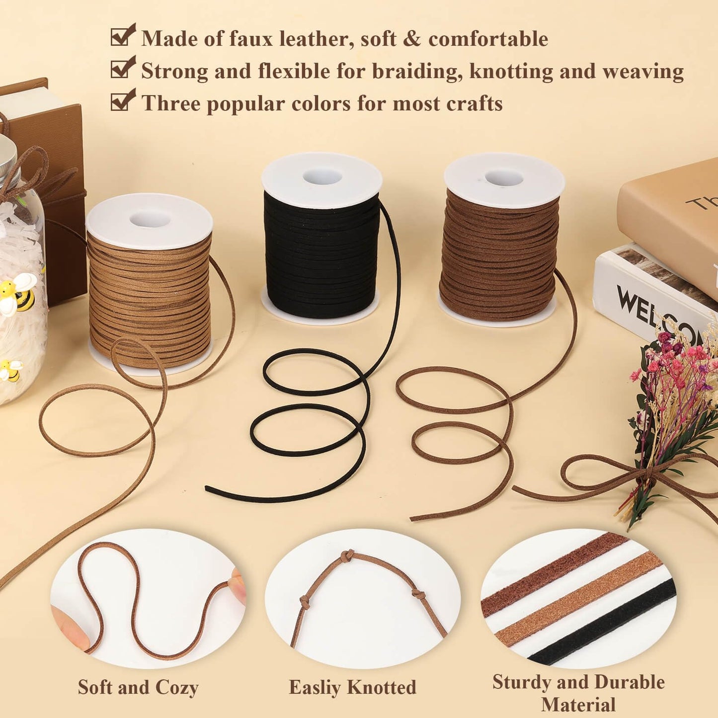 Anezus 3 Rolls Flat Leather String Cord, Suede Ribbon for Jewelry Making, Leather Twine for Crafts, Thin Leather Shoe Laces for Boots, Faux Leather Strips for Bracelets, Necklaces