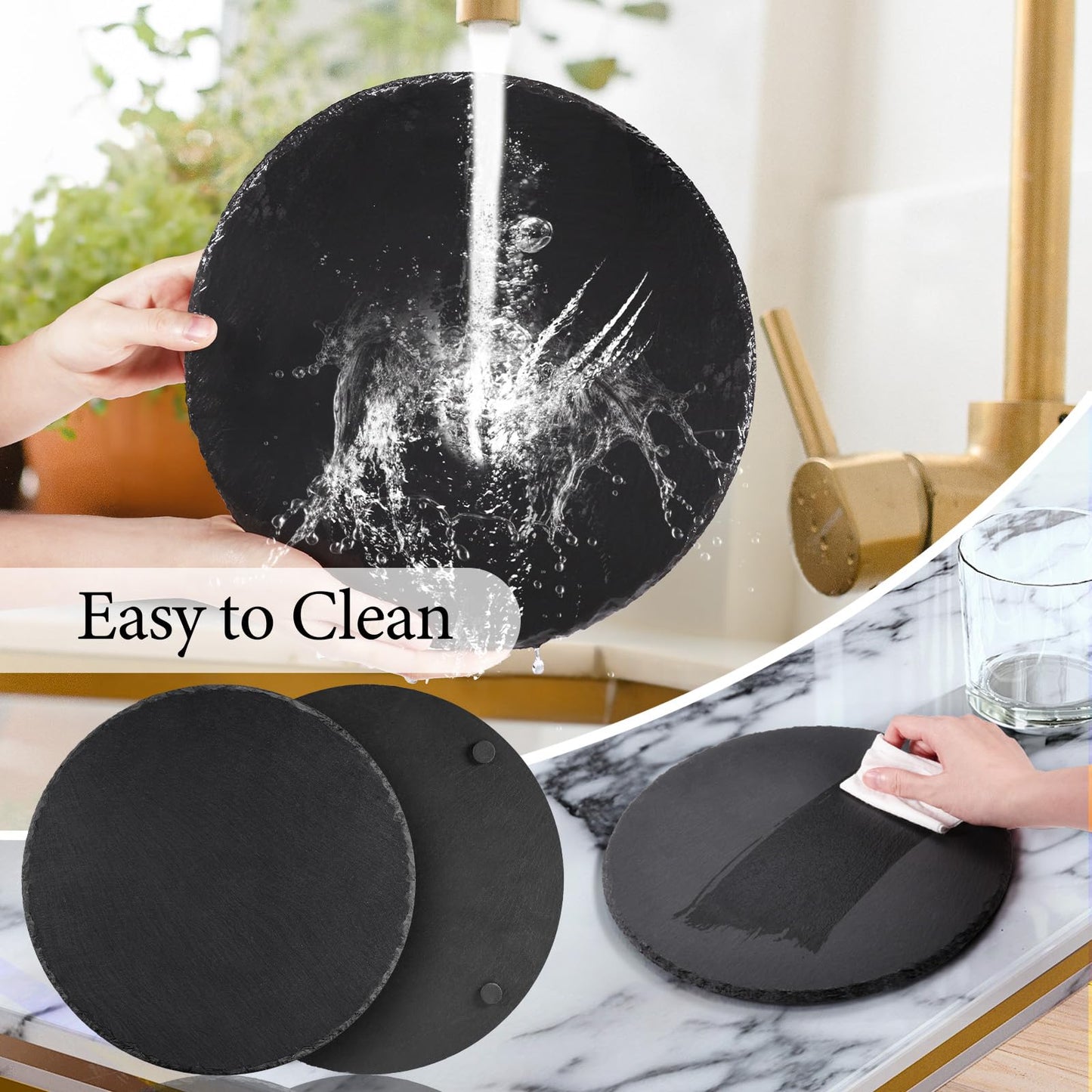 MAPRIAL 11 x 11 In 4 Pack Slate Cheese Boards, Round Black Stone Plates Charcuterie Boards Serving Tray Slate Platter for Halloween Christmas, Party, Gifts