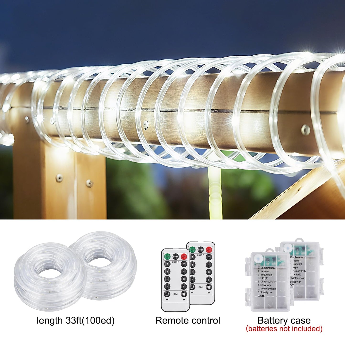 SFNDOU 2 Pack Battery Powered String Lights Waterproof with Remote Total 66ft 200LED Timer 8 Modes Battery Operated Outdoor Lights for Christmas Decor Trampoline Camping Tents, White