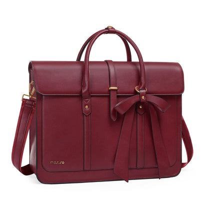 MOSISO Laptop Bag for Women, 15-15.6 inch PU Leather Laptop Shoulder Bags Convertible Backpack, 16 inch Messenger Bags Casual Handbag Work Briefcase Travel Computer Bag with Bowknot, Wine Red
