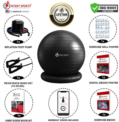 INTENT SPORTS Yoga Ball Chair – Stability Ball with Inflatable Stability Base & Resistance Bands, Fitness Ball for Home Gym, Office, Improves Back Pain, Core, Posture & Balance (65 Cm)