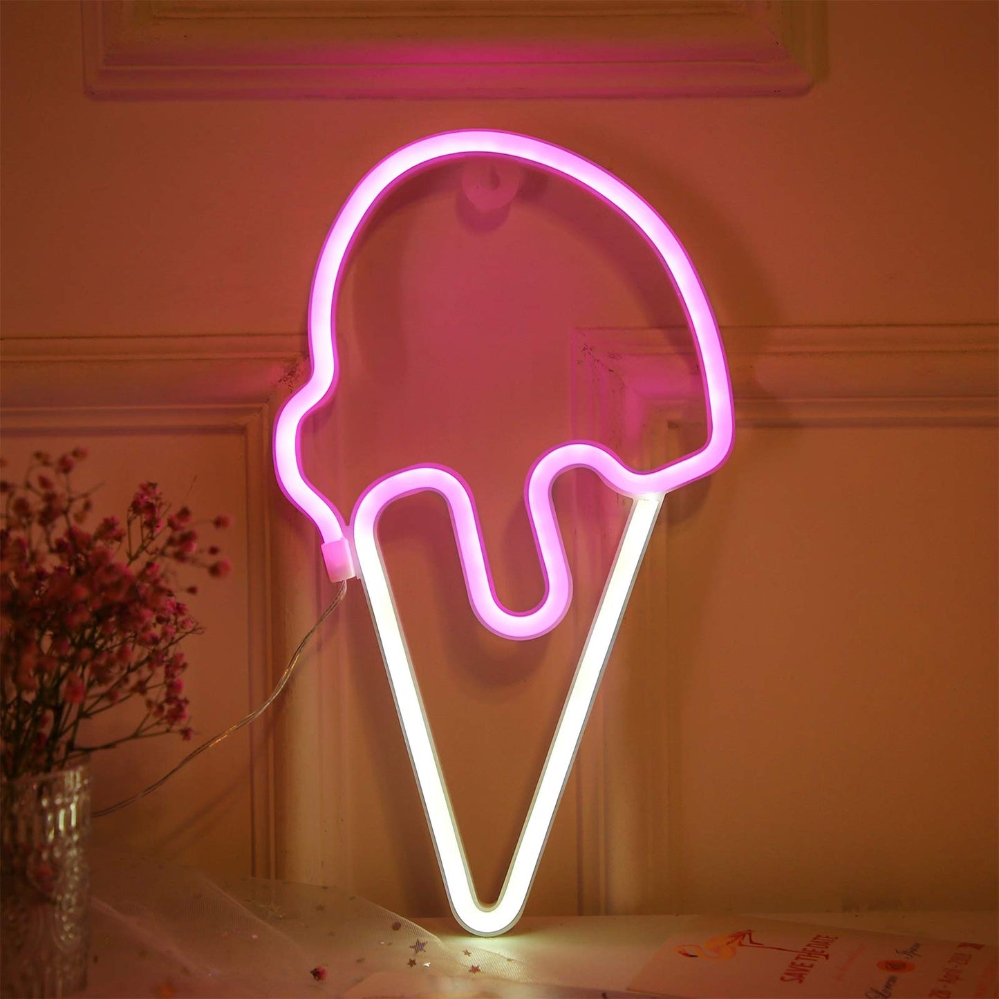 YAOZHOU Ice Cream Signs Neon Lights, Kawaii Room Decor Christmas Gift for Teen Girls Battery or USB Powered Art Decorative Night Lights Indoor for Home, Bedroom, Office,Party,Kid,Children