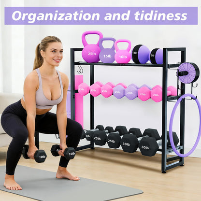 laapee 3-Tier Dumbbell Rack with 882 LBS Capacity, Multi-Purpose Weight Rack for Home Gym with Shelf and Movable Hooks, Weight Holder and Home Gym Storage Organizer for Dumbells Kettlebells Yoga Mat