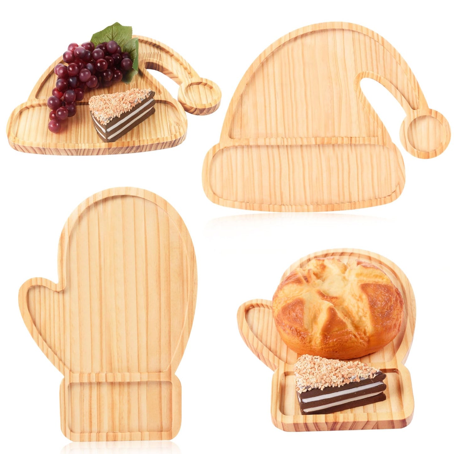 FOBSME 2 Pcs Christmas Serving Trays Santa Hat and Winter Mitten Shape Charcuterie Boards Decorative Wooden Serving Platter Pine Wood Snack Dish Plates for Xmas Holiday Housewarming Present,12.6 Inch