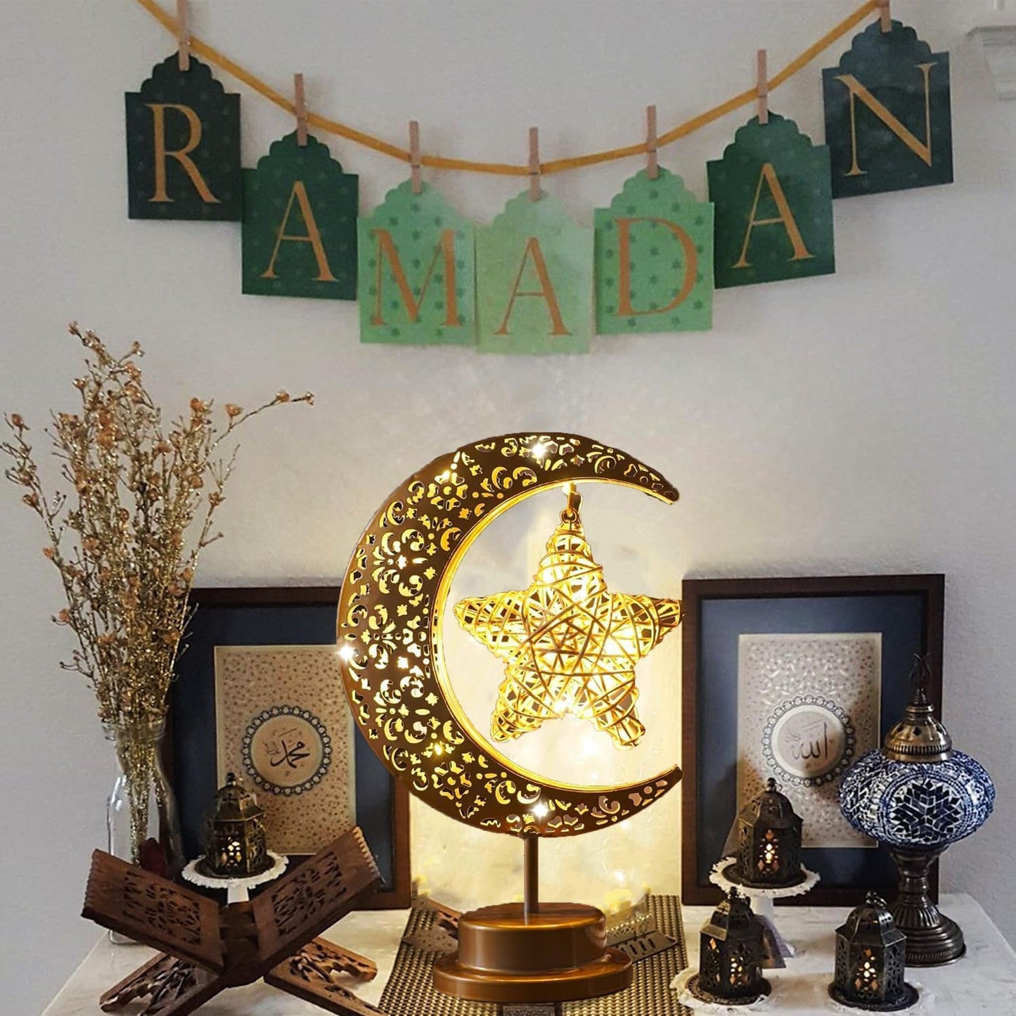 Lifnatty Ramadan Decorations Moon Lamp, Ramadan Decor for Home, Eid Mubarak Decorations, Ramadan Eid Gifts, Enchanted Lunar Table Lamp, Half Moon Lights, Battery Operated Moon Star Night Light
