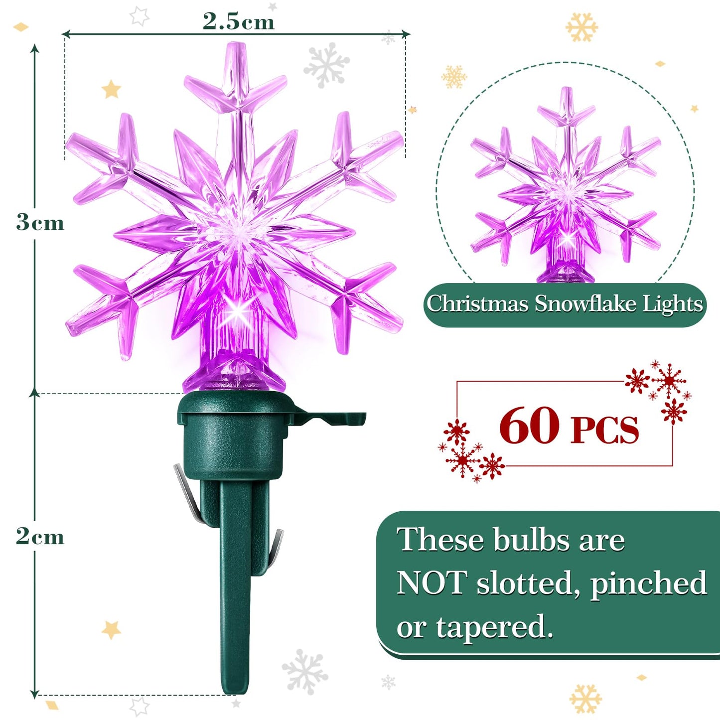 Honoson 60 Pcs Christmas LED Replacement Bulb Xmas Snowflake Replacement Bulb Christmas Tree Wire Light Set Indoor Outdoor String Light LED Replacement Bulb for Festival Patio Garden (Colorful)