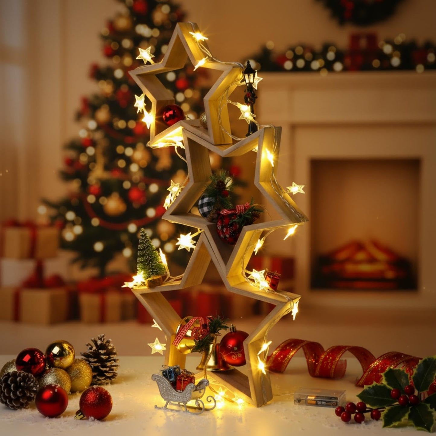 Geelin 6 Pcs Christmas Wooden Star Tabletop Centerpiece Sign with Light Strips Tape DIY Xmas Ornament for Farmhouse Fireplace Mantle Table Crafts Bookshelf Tiered Tray Decor (Original Wood)