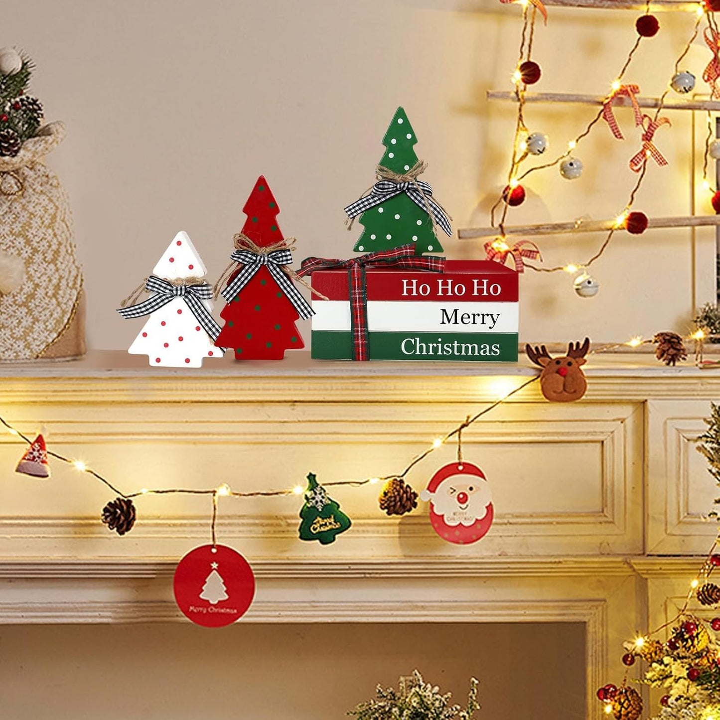 Christmas Decorative Book Stack for Farmhouse, Tree Tiered Tray Decor, Winter Stacked Books Set, Merry Christmas Wooden Book Decor for Home Office