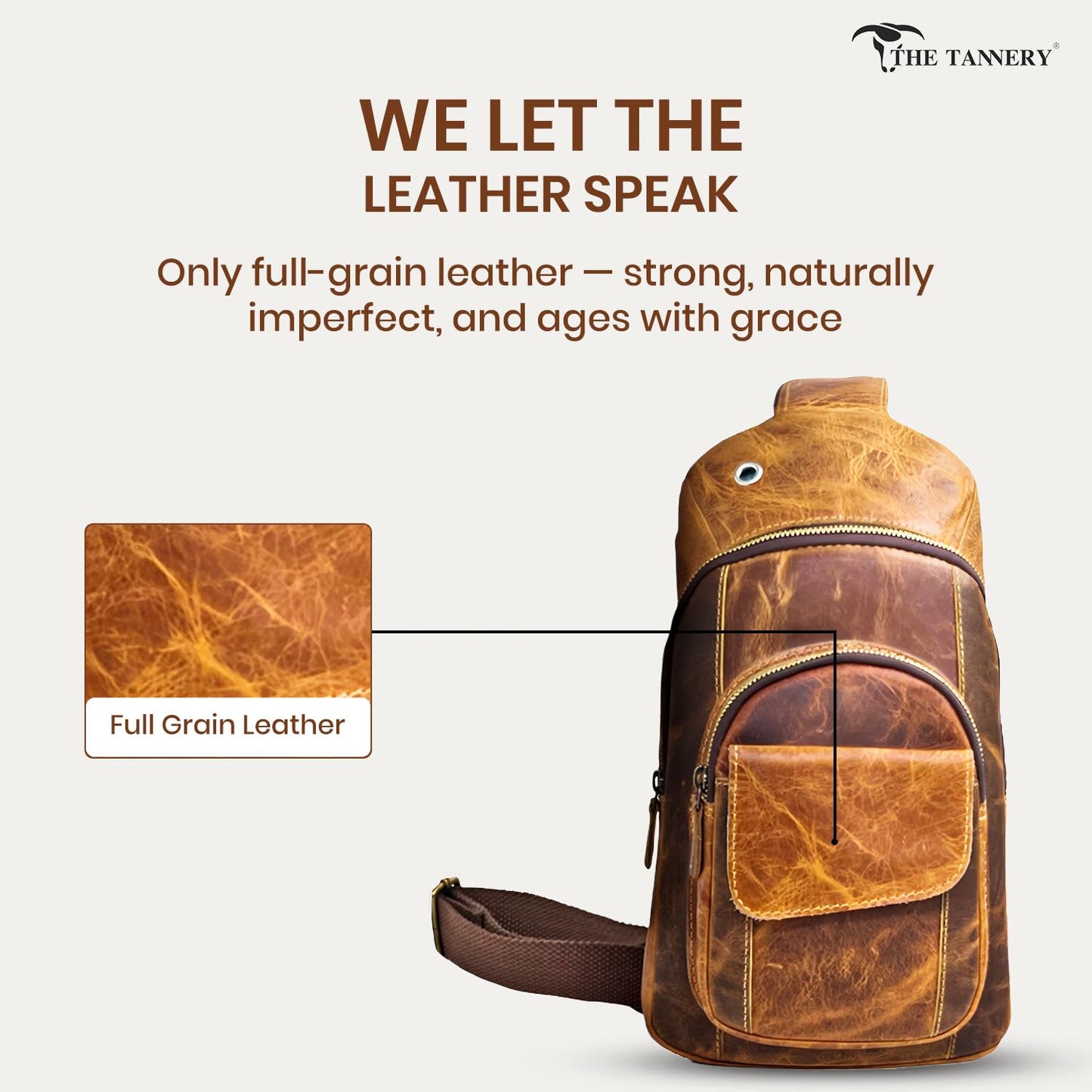 The Tannery Handmade Buffalo Leather Multipurpose Travel Hiking Crossbody Chest Backpack with Adjustable Shoulder Strap, Thanks Giving (Brown, Large)