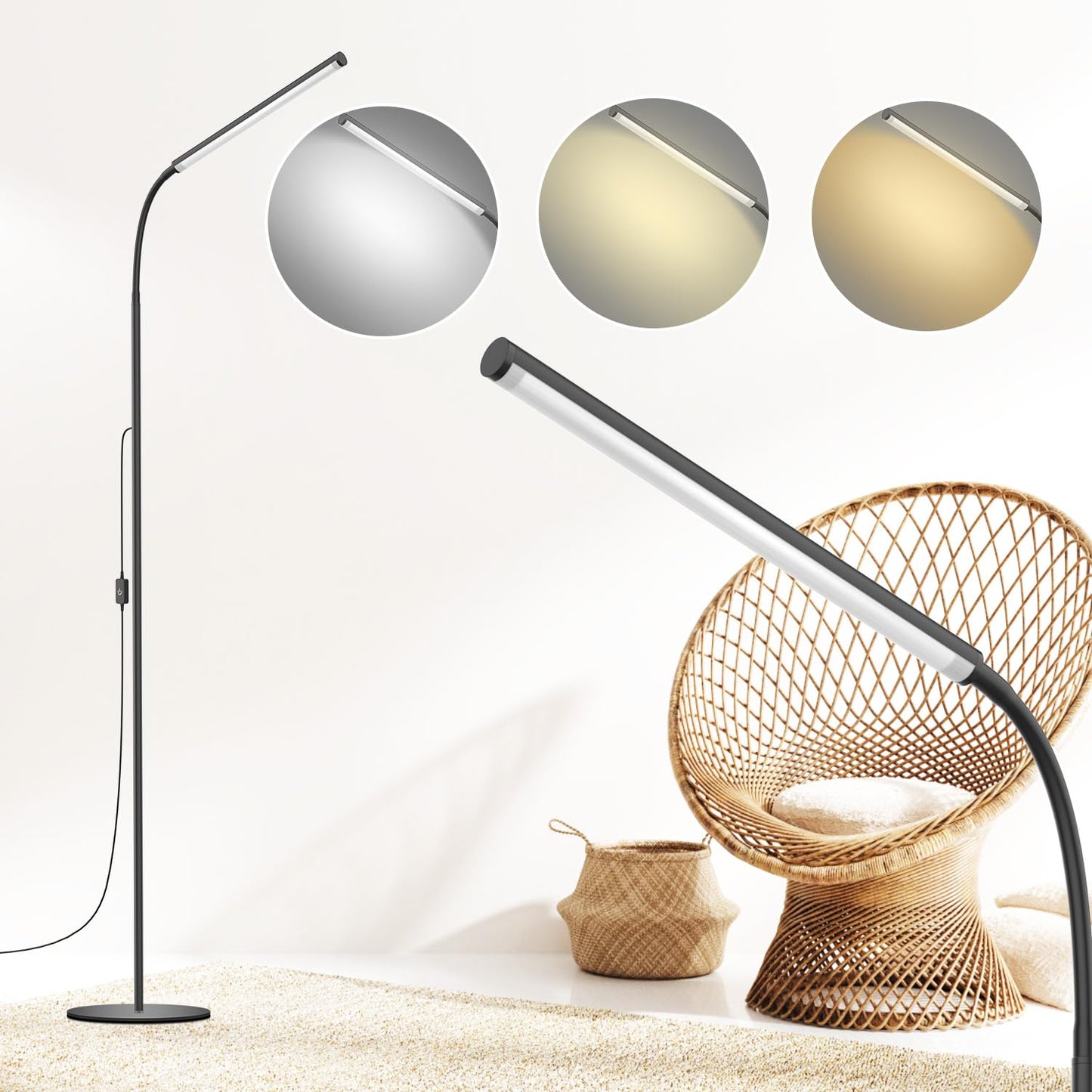 WEDEESUN 15W Floor Lamp with Touch Control Adjustable Brightness 3500K-7000K 360° Gooseneck LED Floor Lamps Eye-Caring Floor Lamp for Living Room, Bedroom & Office Stepless Dimming Standing Lamp