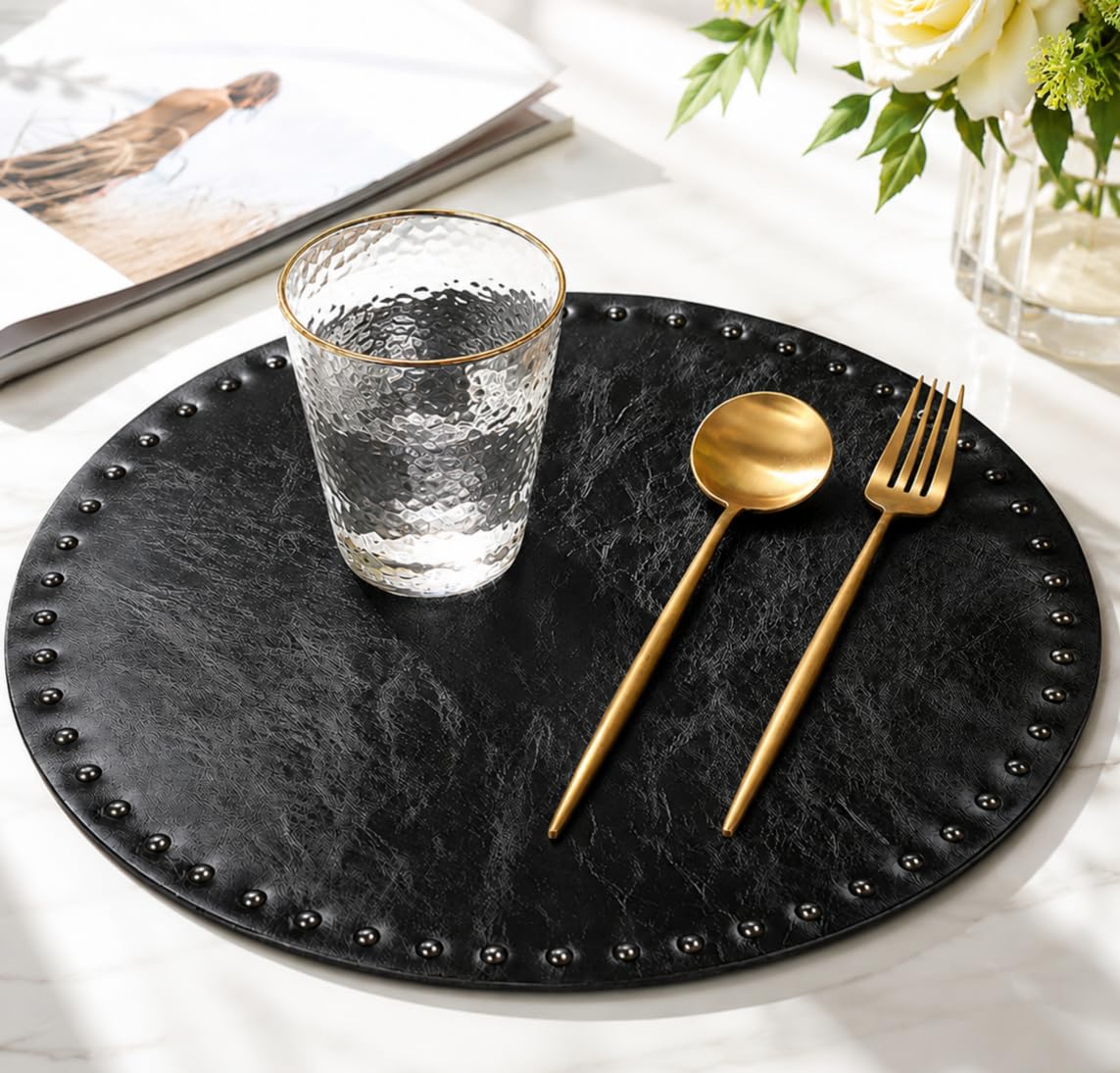 FAVE Black Faux Leather Placemats 13.78Inches Round Placemat Set of 2 Heat Resistant Place Mats for Kitchen Table Wipeable Fall Placemats Table Mats with Rivets High Texture Placemat (Black)