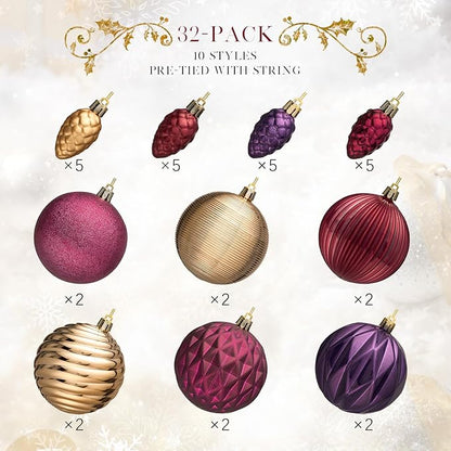 JORNOY Jewel Tone Christmas Tree Ornaments - 3.12inch/80mm Shatterproof Ornaments for Christmas Tree Set Plastic Decorative Hanging Balls Ornaments for Xmas Tree Decorations, 32ct (Jewel Tone)