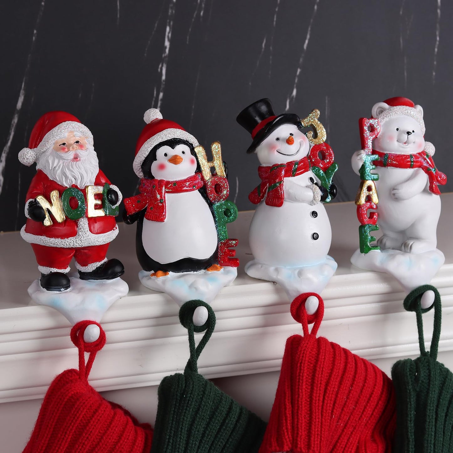 XENTUMI Stocking Holders for Mantle, 3D Stocking Holders, Christmas Stockings Holder Set of 4, Fireplace Stocking Hanger Hooks for Christmas Mantel Decoration
