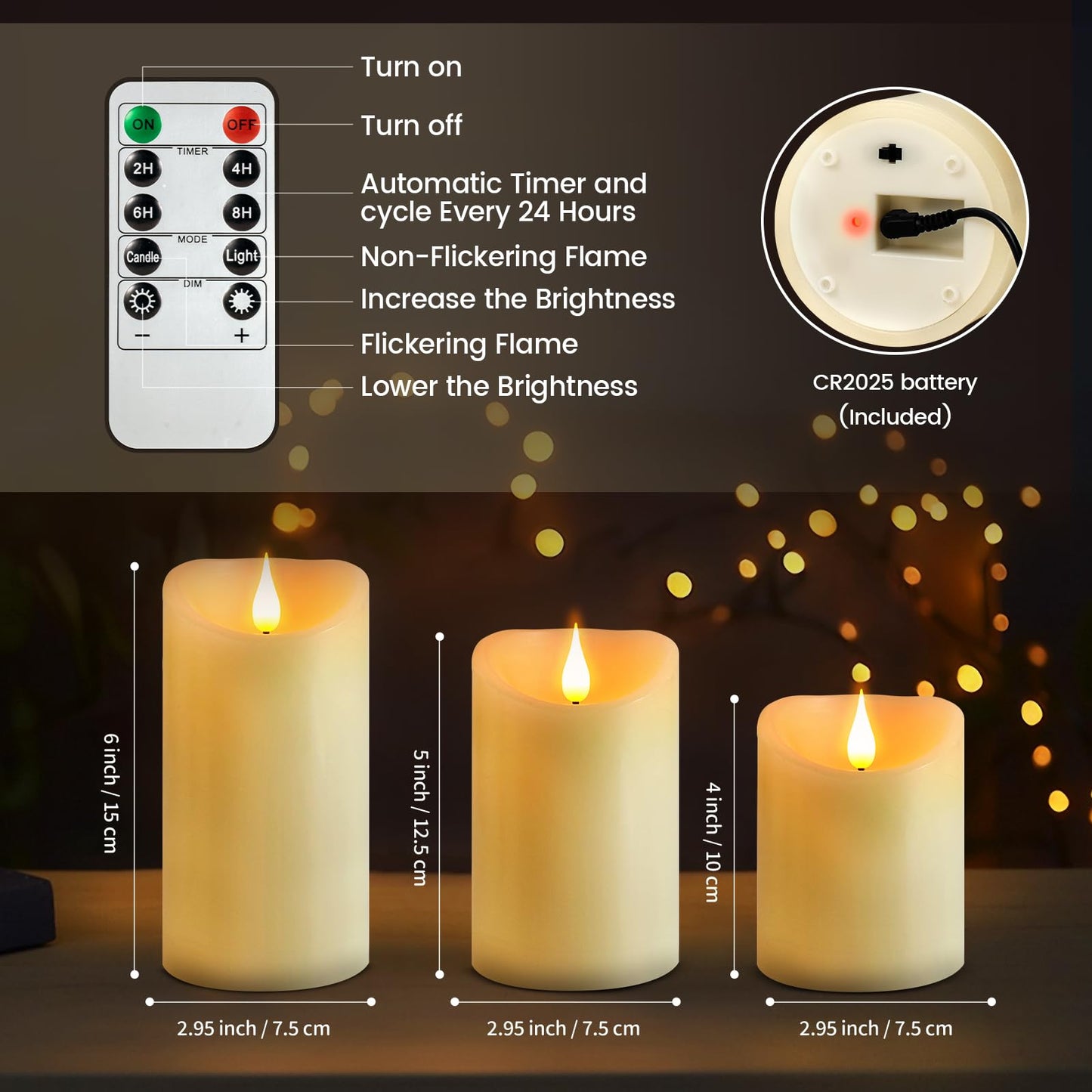 Rechargeable Candles with Remote - LED Pillar Candles with USB Charging Cable, Real Wax Flameless Candles for Lantern Romantic Home Decor, Φ 3" H 4" 6", 3 Pack for Halloween Decor