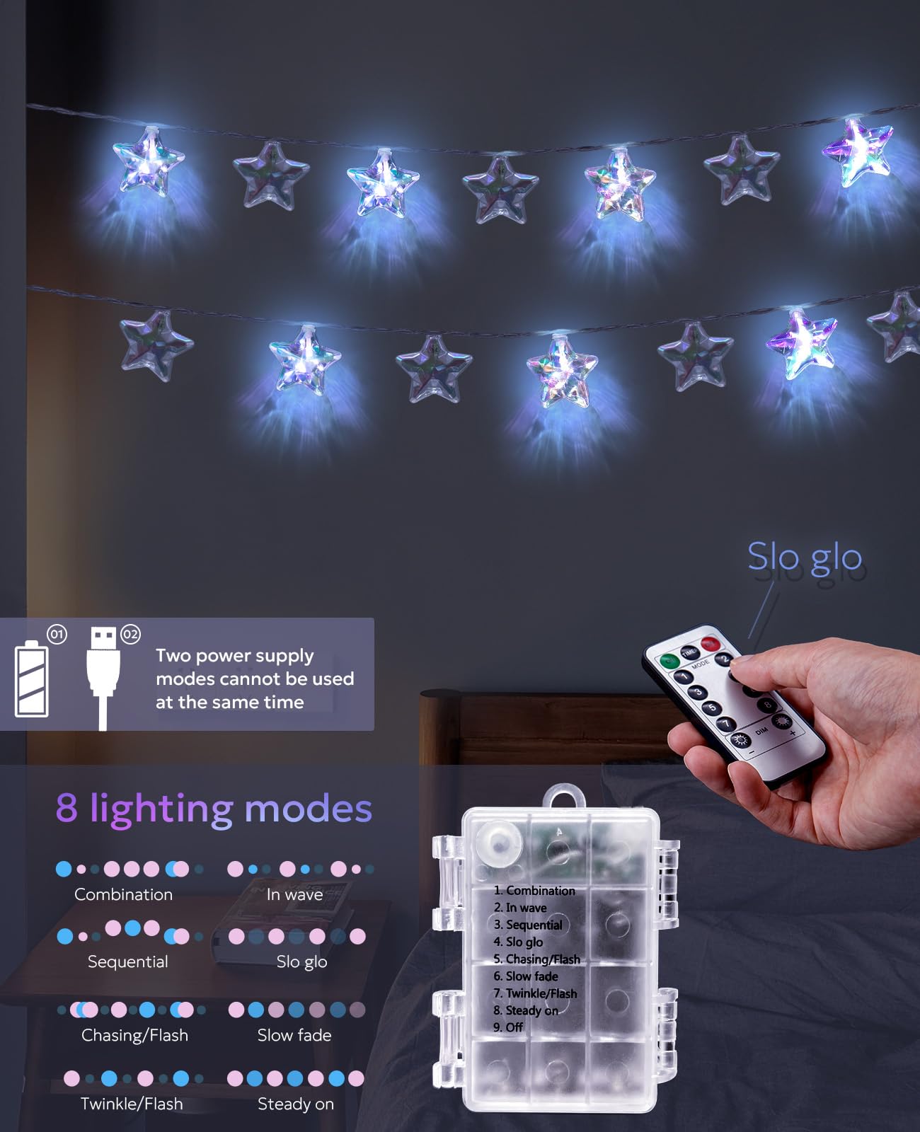AceList 20 LED Star String Lights, 10ft Iridescent Star Lights with Remote, IP44 Waterproof, 8 Modes USB or Battery Operated Fairy Lights for Bedroom, Christmas, Party Decor (White)